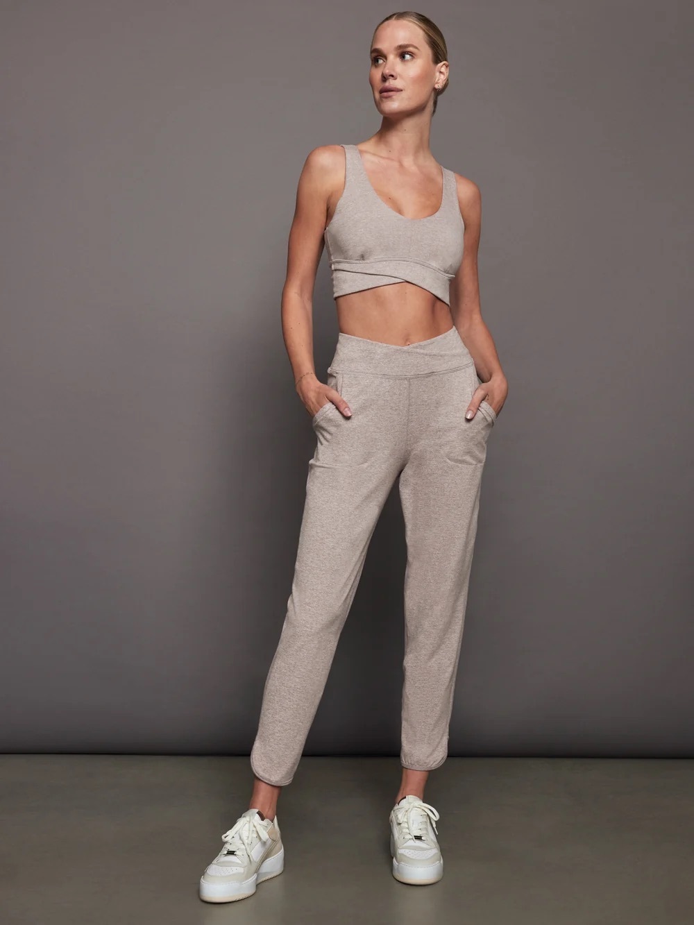 Carbon38 Wrap Heather Oatmeal Lounge Set - Joggers & Bra